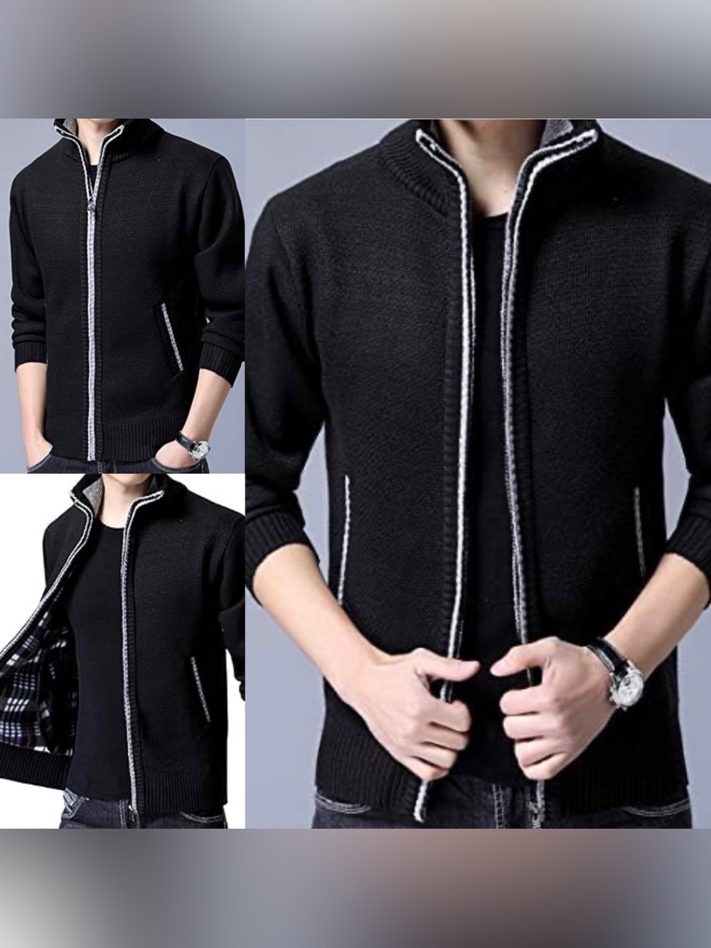 Yeokou men's full-zip fleece-lined knit cardigan sweater jacket - large